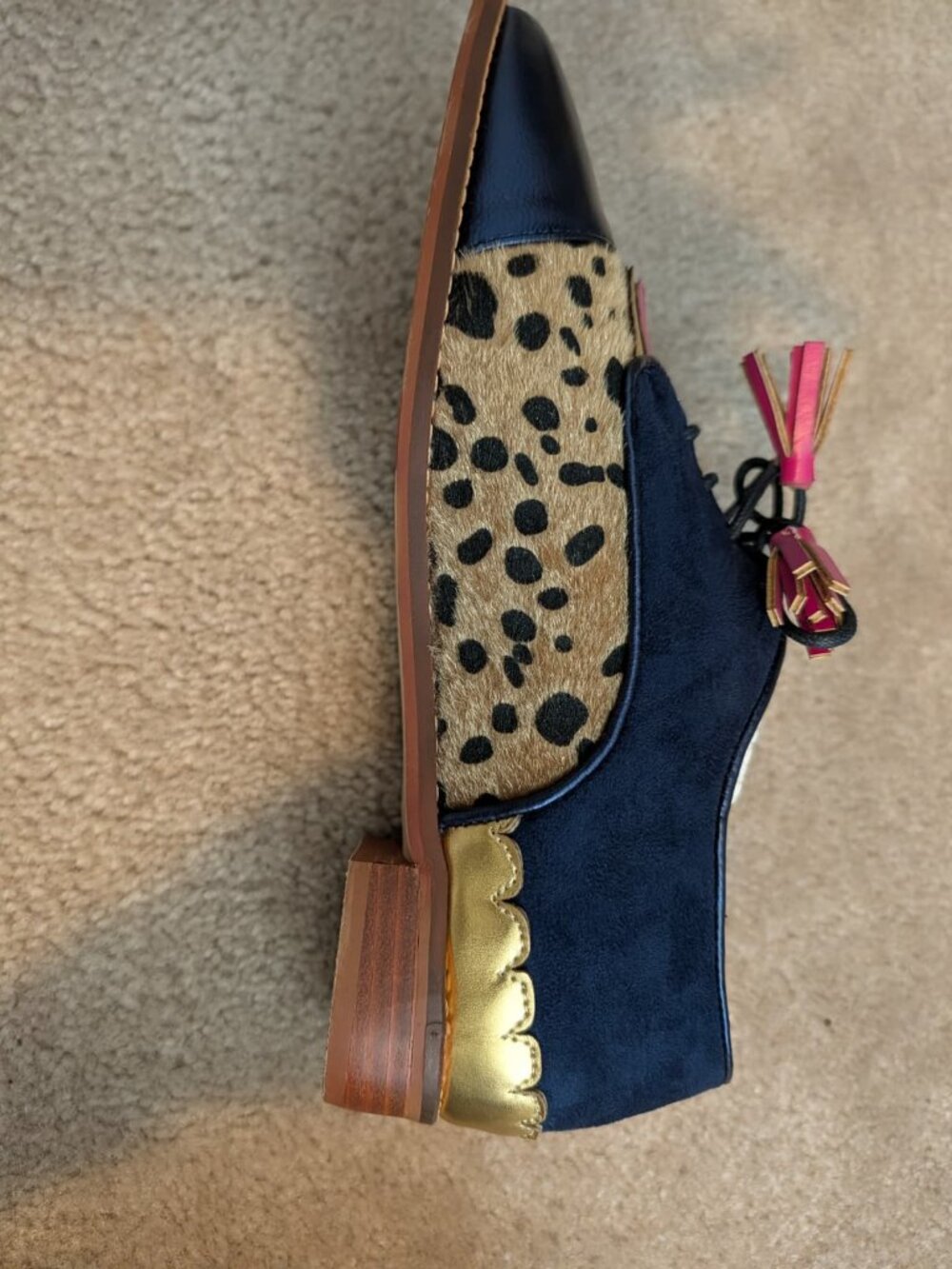 Boutique Leopard Print Tassel Oxford Flats | Navy & Gold Statement Loafer - Picture 4 of 5